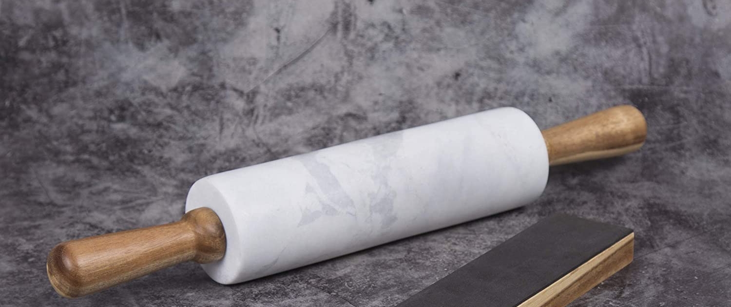 Non-Stick Gray and White CHEFMADE 18-Inch Marble Rolling Pin with Wooden Handles and Cradle 
